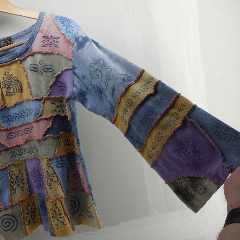 Rising International Patchwork Long Sleeve Bell Sleeve Shirt Size M Boho Hippie - Picture 3 of 6
